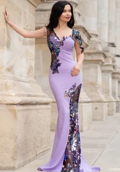 Rochie de seara eleganta Kany lavanda cu model din paiete si flori pastelate imagine