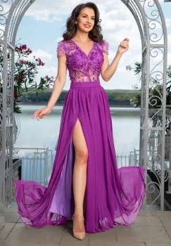 Rochie de seara eleganta Larissa mov din voal cu flori 3D imagine