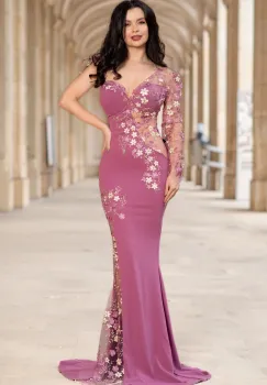 Rochie de seara eleganta lunga lila Anelisse tip sirena cu flori de cires brodate imagine