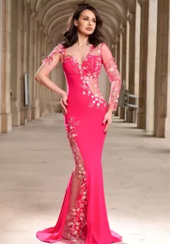 Rochie de seara eleganta lunga roz Anelisse tip sirena cu flori brodate imagine