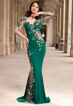 Rochie de seara eleganta lunga verde Anelisse tip sirena cu flori de cires brodate imagine