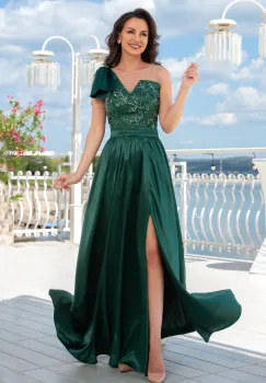 Rochie de seara eleganta lunga verde Ellis cu funda pe umar imagine