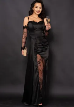 Rochie de seara eleganta neagra din satin Teresa cu insertii din dantela imagine
