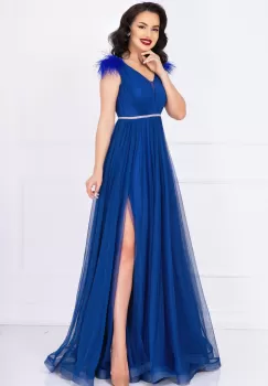 Rochie de seara Gratiela albastru royal cu perle in talie si accesoriu tip fulgi imagine