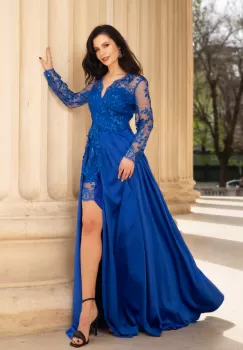 Rochie de seara Ivette albastru-royal din dantela si fusta din tafta imagine