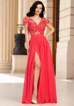 Rochie de seara Larissa coral din voal cu flori 3D imagine