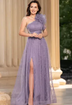 Rochie de seara lila Clio din tulle brodat cu floare 3D pe umar si strassuri imagine