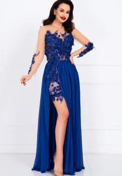 Rochie de seara lunga albastra Mikaela decorata cu flori 3D imagine