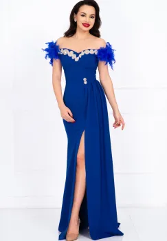 Rochie de seara lunga albastra tip sirena Alissa cu fulgi si trena imagine