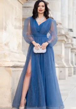 Rochie de seara lunga eleganta bleu Esmeralda cu glitter imagine