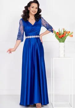 Rochie de seara lunga Giorgia albastru royal din tafta cu maneci brodate imagine