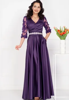 Rochie de seara lunga Giorgia mov din tafta cu maneci brodate imagine