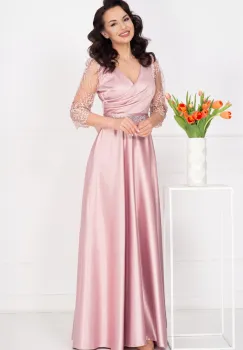 Rochie de seara lunga Giorgia roz din tafta cu maneci brodate imagine