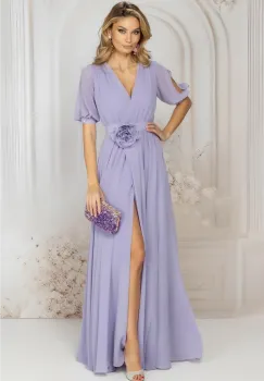 Rochie de seara lunga lila cu floare in talie si decolteu petrecut imagine