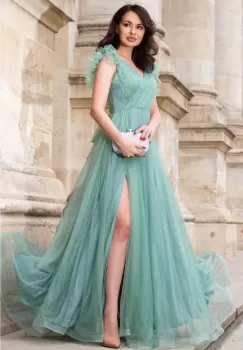 Rochie de seara lunga mint Nemesis cu glitter si flori 3D pe umeri imagine