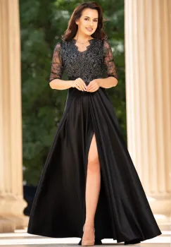 Rochie de seara lunga neagra Lucrezia din tafta cu broderie imagine