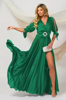 Rochie de seara lunga Pretty Girl eleganta verde cu cordon tip funda imagine