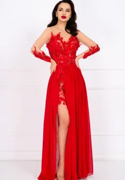 Rochie de seara lunga rosie Mikaela decorata cu flori 3D imagine