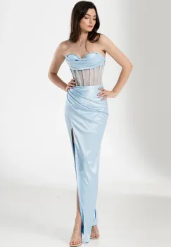 Rochie de seara lunga Sabina bleu cu fronseuri si pietre pretioase imagine