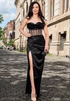 Rochie de seara lunga Sabina neagra cu fronseuri si pietre pretioase imagine