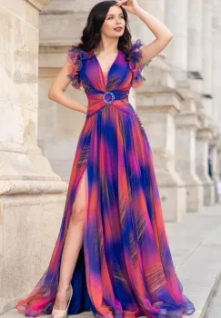 Rochie de seara lunga Tereza albastra cu imprimeu tip pictura imagine