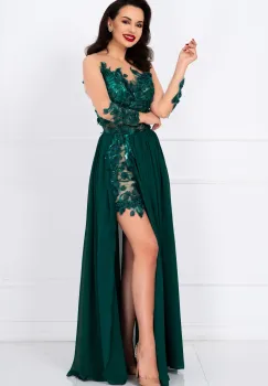 Rochie de seara lunga verde Mikaela decorata cu flori 3D imagine