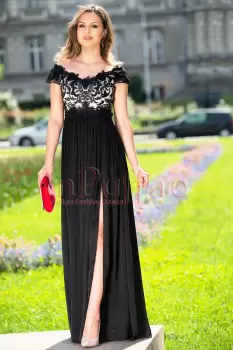 Rochie de seara neagra Agatha din dantela si triplu voal creponat imagine