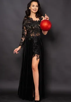 Rochie de seara neagra Amandine cu fusta din catifea si bust din flori 3D imagine