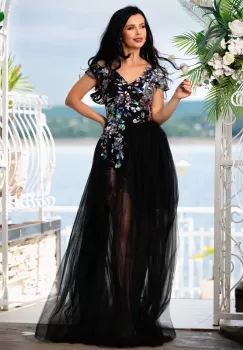 Rochie de seara neagra cu prindere tip corset si model din paiete imagine