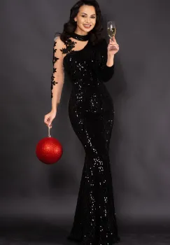 Rochie de seara neagra din paiete Agathe cu broderie aplicata imagine