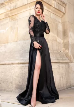 Rochie de seara neagra din tafta Joana lunga cu bust din dantela imagine