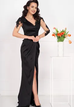 Rochie de seara neagra din tafta subtire Tania cu broderie aplicata imagine