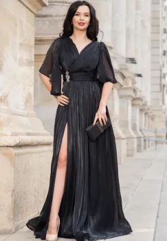 Rochie de seara neagra eleganta Fausta cu maneci fluture si pliseuri imagine