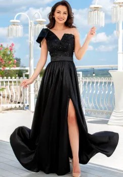 Rochie de seara neagra eleganta lunga Ellis cu funda pe umar imagine