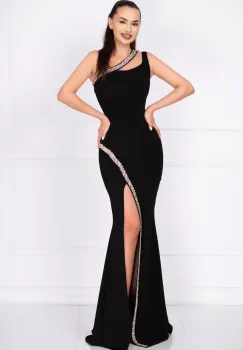 Rochie de seara neagra lunga Florence decorata cu pietre sclipitoare imagine