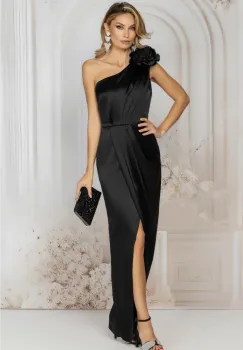 Rochie de seara neagra lunga petrecuta cu umar gol si floare 3D imagine