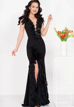 Rochie de seara neagra lunga Salome decorata cu pene imagine