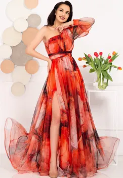 Rochie de seara pretioasa Carolina orange cu model tip pictura imagine