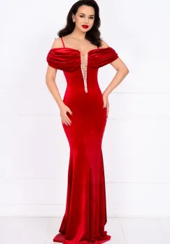 Rochie de seara rosie din catifea Leila cu fronseuri si strassuri imagine