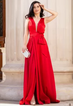 Rochie de seara rosie din tafta cu funda stilizata imagine