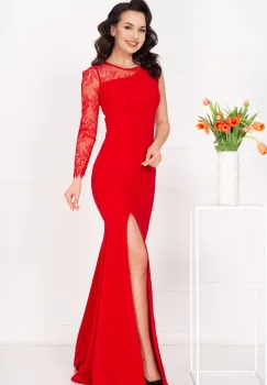 Rochie de seara rosie eleganta Jessie cu maneca din dantela imagine