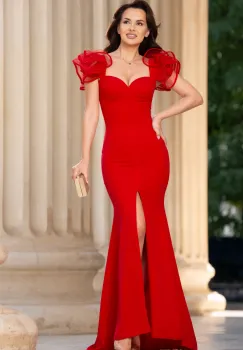 Rochie de seara rosie Ginevra cu volane la umeri imagine