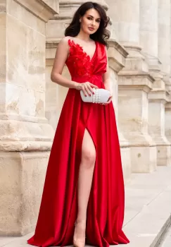 Rochie de seara rosie lunga din tafta Saturn cu flori 3D imagine