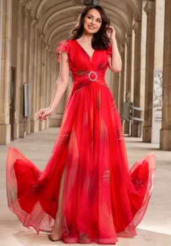 Rochie de seara rosie Tereza cu imprimeu tip pictura imagine