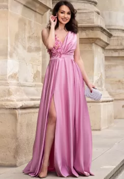 Rochie de seara roz lunga din tafta Saturn cu flori 3D imagine