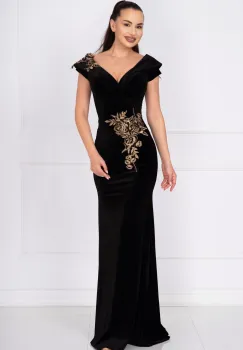 Rochie de seara tip sirena din catifea cu broderie florala aurie imagine