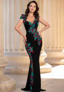 Rochie de seara tip sirena Fabrizia cu flori rosii brodate imagine