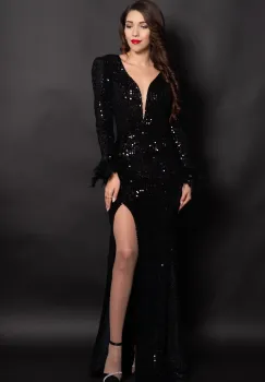 Rochie de seara tip sirena neagra Serafina cu paiete argintii si fulgi imagine