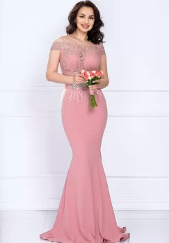 Rochie de seara tip sirena Renata roz cu broderie si fulgi imagine