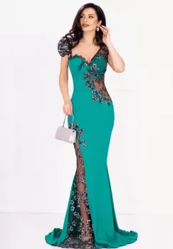 Rochie de seara tip sirena Sherrel verde cu flori din paiete argintii imagine